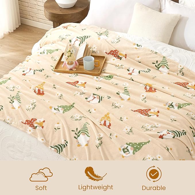 Cozy Bliss Gnome Spring Throw Blanket - Garden Daisy Floral Design, Warm MilkyPlush Throw Blankets, Ultra Soft Cozy Blankets for Couch, Sofa and Bed, Beige, 60X80inches