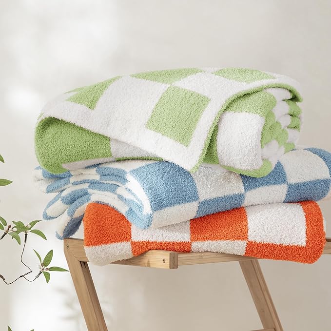 Whale Flotilla Checkered Knit Throw Blanket, Ultra Soft Warm Reversible Cozy Decorative Blankets for Couch Sofa and Bed, 50x60 Inch, Light Green
