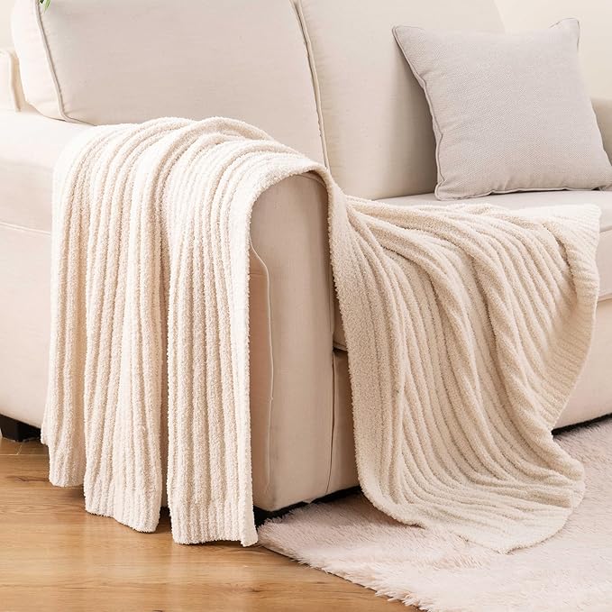 BATTILO White Throw Blanket for Couch, Knit Fuzzy Plush Cream Throw Blankets, Warm Cozy Lightweight Blanket for Bed, Sofa, Home Decor, 50"x60"