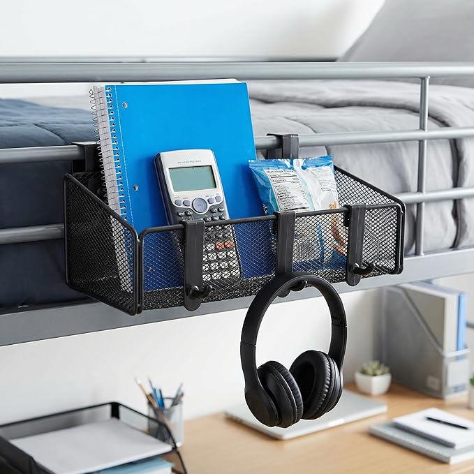 Bedside Caddy Shelf Hanging Storage Basket for Bunk Bed, Office Cubical Walls, Baby Rails, College Dorm Organizer - 5 Pairs Sized Hooks for Phone, Glass, Magazine, Decor (Black)