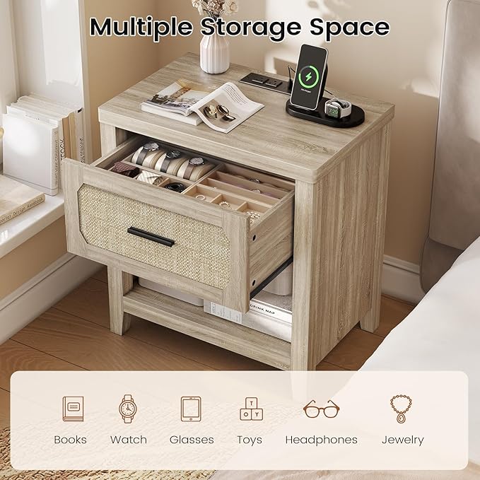 Rattan Nightstand with Charging Station, 22'' Wide Bedside Table with Drawer & Open Shelf, Boho Night Stand End Side Table with Storage for Bedroom, Grey Oak
