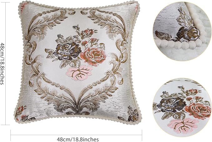SZHELEJIAM Embroidered Pillow Covers 18x18 Inch Set of 2, Jacquard Retro Cushion Covers in Beige White for Living Room, Sofa Bedroom