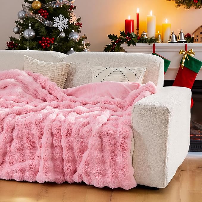Lotus Karen Faux Fur Throw Blanket Pink - Big Bubble Rabbit Fluff Blanket for Couch, Sall Fluffy Fuzzy Cozy Blanket,Thick Furry Plush Shaggy Blankets,60x80 Inches
