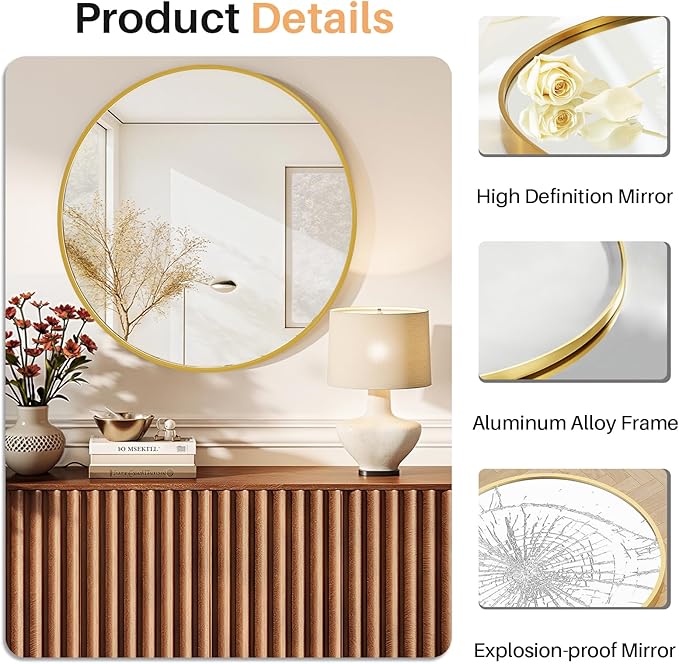 Bathroom Mirror for Wall, 20 Inch Round Mirror, Matte Gold Metal Framed Circle Vanity Mirror for Bathroom Bedroom Living Room Entryway, Anti-Rust, Tempered Glass, Hanging or Leaning