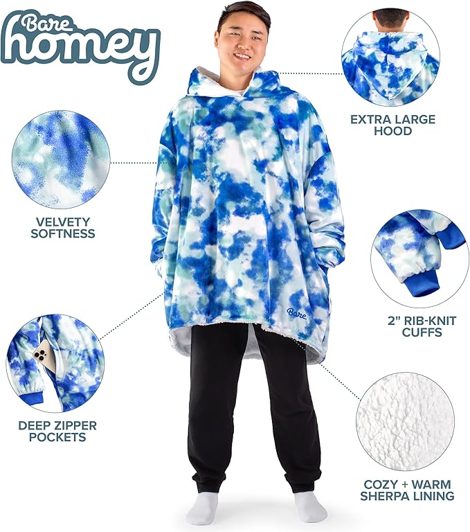 Bare Home Wearable Blanket Hoodie - Soft Plush Sherpa - Warm and Cozy - Oversized Wearable Blanket - Adult & Kid Sizes