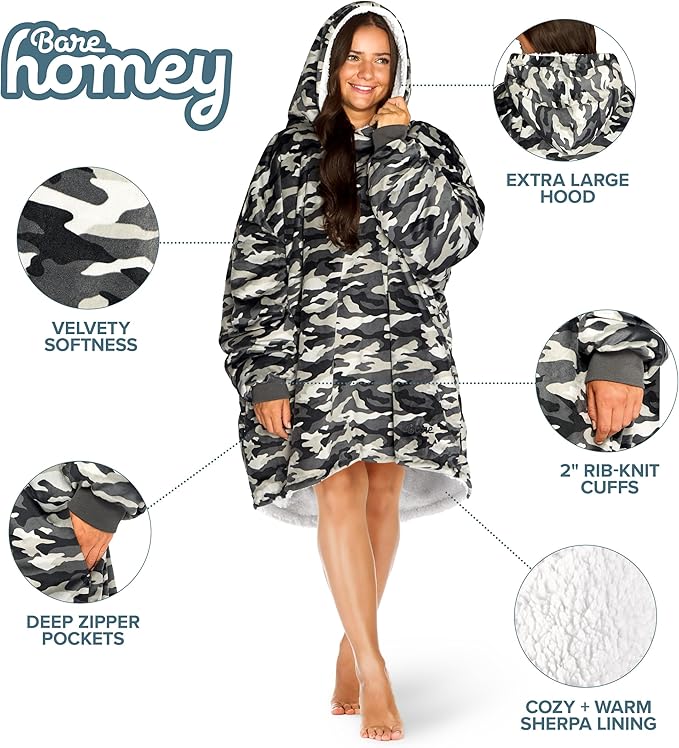 Bare Home Wearable Blanket Hoodie - Soft Plush Sherpa - Warm and Cozy - Oversized Wearable Blanket - Adult & Kid Sizes