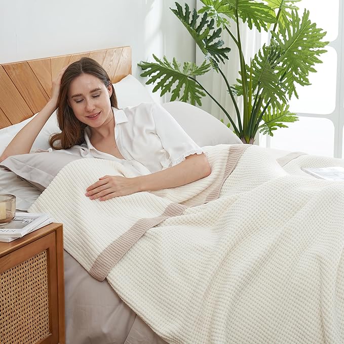 Amélie Home Waffle Throw Blanket for Couch Twin, Soft Cozy Chenille Knit Blanket Warm Decorative Throw for Sofa, Bed, Living Room, 60"x80", Ivory