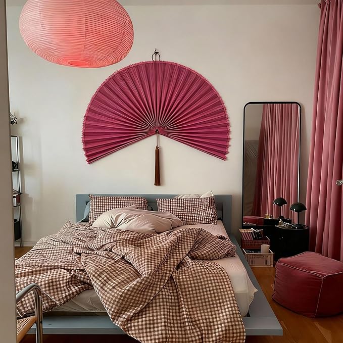 ChumDecor Fan Wall Decor,Japanese Wall Fan Decor,Large Bamboo Fan Wall Art for Boho Hanging Headboard,Decorative Folding Fan for Over Bed Decorations,Large Wall Dcor (Pink, 60 inch)