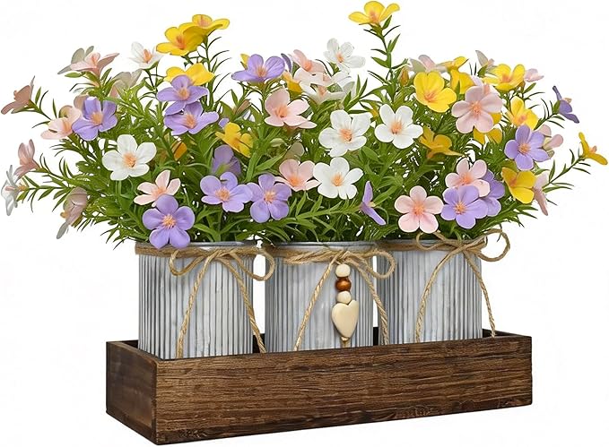 Artificial Gypsophila Baby's Breath, Rustic Table Centerpieces Home Decor for Dining Room, Farmhouse Wood Planter Box with 3 Galvanized Metal Pots Decorative Table Centerpiece