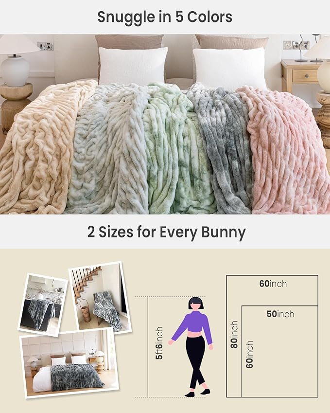 Ultra Soft Faux Rabbit Fur Throw Blanket, Cozy Fuzzy Blanket for Couch Bed, Plush Warm Decor, Luxury Thick Fluffy Blanket for Women, 60x80 inches, Tie-Dyed in White and Gray