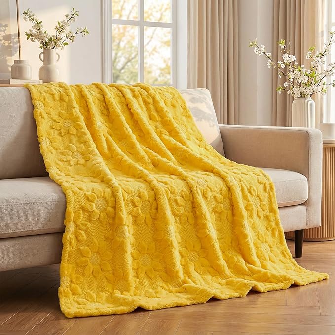 Horaldaily Spring Summer Blanket Throw, Yellow Sunflower Soft Fuzzy Plush Faux Fur Cozy Blankets for Couch Sofa Bed Lounging, Ideal Gifts for Kids Adults Wife Self, 50x60