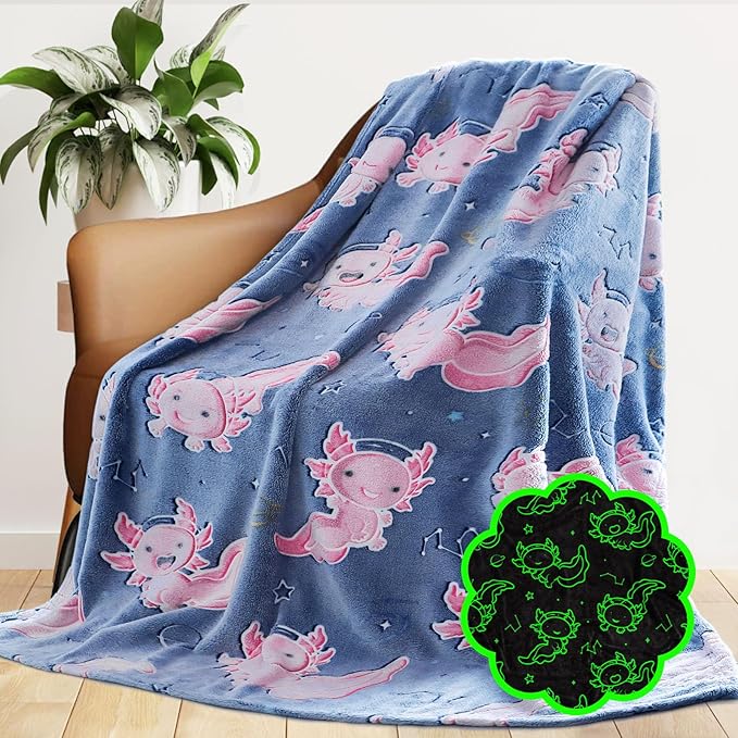 Axolotl Blanket Glow in The Dark for Girls, Axolotl Gifts Toys for Kids Teens Girls Easter, Soft Cozy Plush Fleece Throw Blankets for Couch & Bed Graduation Decor, Travel, Birthday Gifts 50x60inch