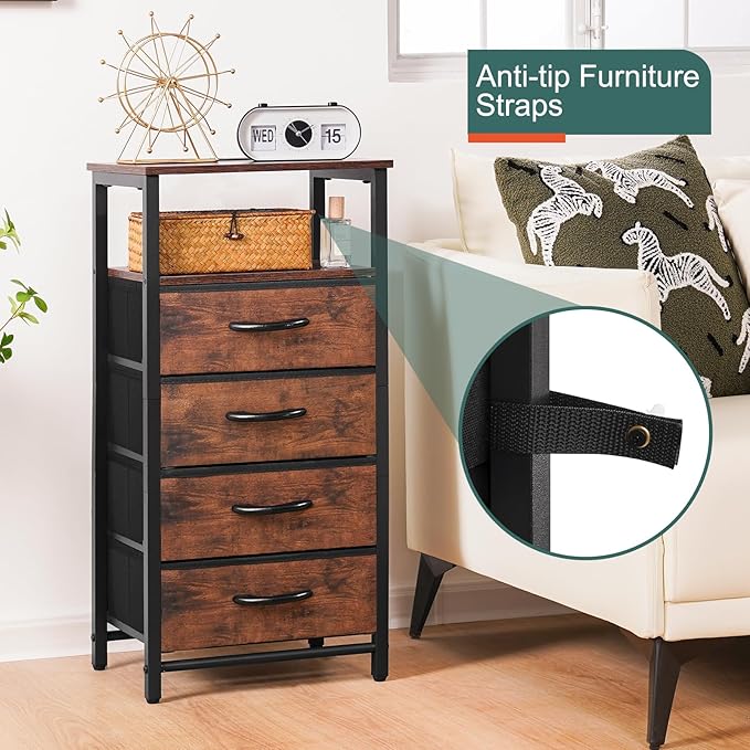 Yoobure Night Stand - LED Rustic Nightstand with Charging Station, Bedside Table with 4 Storage Drawers and Storage Shelf, End Table with USB Ports and Outlets