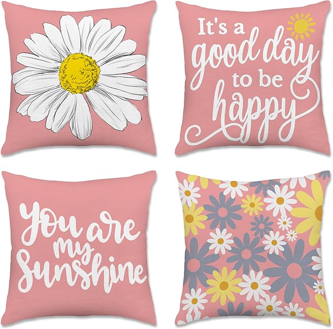 Hexagram Spring Summer Pillow Covers 18x18 Set of 4, Outdoor Floral Daisy Decorative Pink Throw Pillow Covers, You are My Sunshine Farmhouse Cushion Case for Couch Sofa Indoor Home Decor(No Insert)