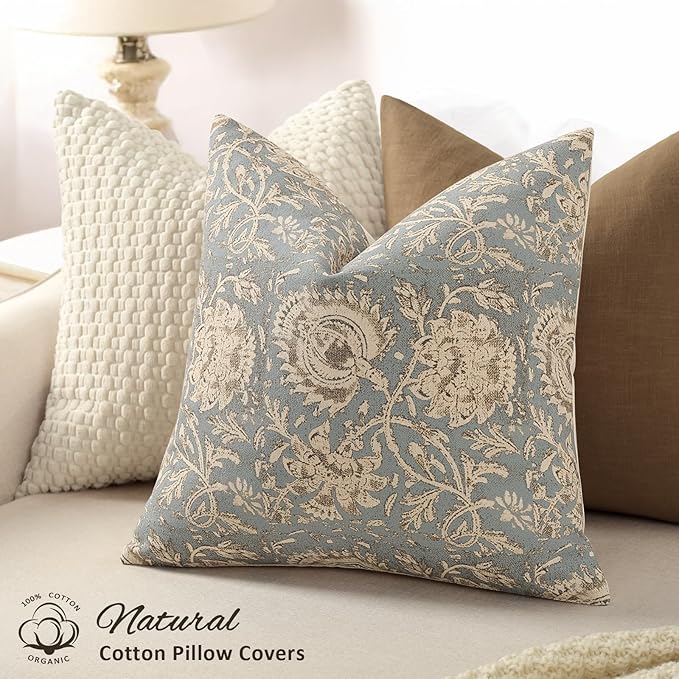 Vintage Floral Print Throw Pillow Covers 24x24 Set of 2 Neutral Modern Farmhouse Pillowcases Accent Decorative Cushion Covers Boho Home Decor for Couch Sofa Chair Bed Living Room, Sky Blue