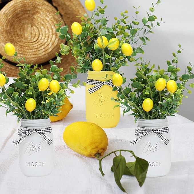 Lemon Mason Jars Centerpiece for Table, Wood Tray with 3 Painted Jars, Dining Coffee Table Centerpiece For Kitchen, Living Room, Spring & Summer Home Decor with Lemon
