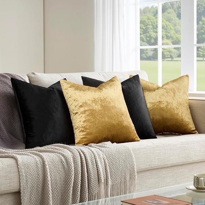 GIGIZAZA Pack of 4 Black Gold Pillow Covers,16x16 Velvet Throw Pillows Soft Covers Decorative Luxury Couch Square Pillow Covers Modern Living Room Cushion Covers
