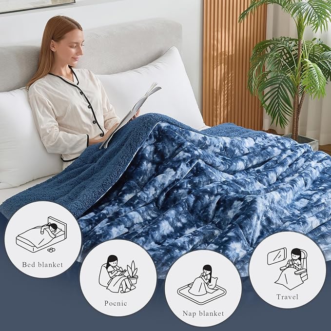 CHOSHOME Sherpa Fleece Blanket- Thick Warm Blanket for Winter, Soft Fuzzy Plush Blanket for Bed, Couch, Travel (Tie Dye Blue, Cal King 96" x 102")