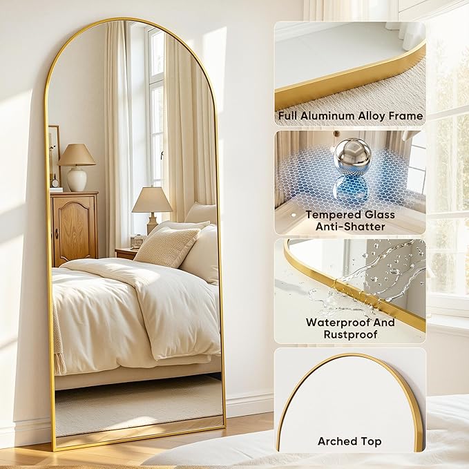 Antok Full Length Mirror, 44"x82" Floor Mirror with Stand, Hanging Mounted Mirrors for Bedroom, Living Room, Cloakroom, Dining Rooms, Gold, Arched