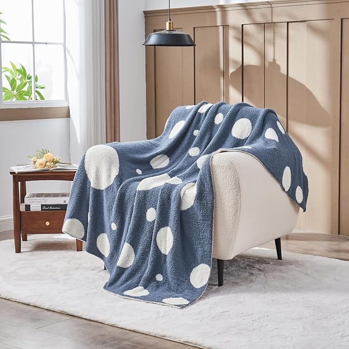 CozeCube Super Soft Fullfy Microfiber Reversible Knitted Blankets, Warm Cozy Fuzzy Plush Throw, Dusty Blue and White Polka Dot Throw Blanket for Couch Bed Sofa, 60" x 80"
