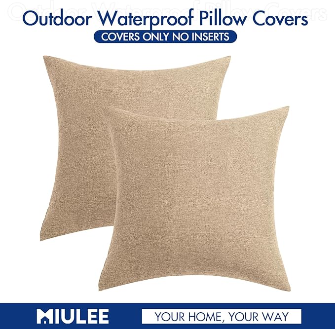 MIULEE Pack of 2 Decorative Outdoor Solid Waterproof Throw Pillow Covers Faux Linen Garden Farmhouse Cushion Cases for Patio Tent Balcony Couch Sofa 18x18 Inch Light Tan