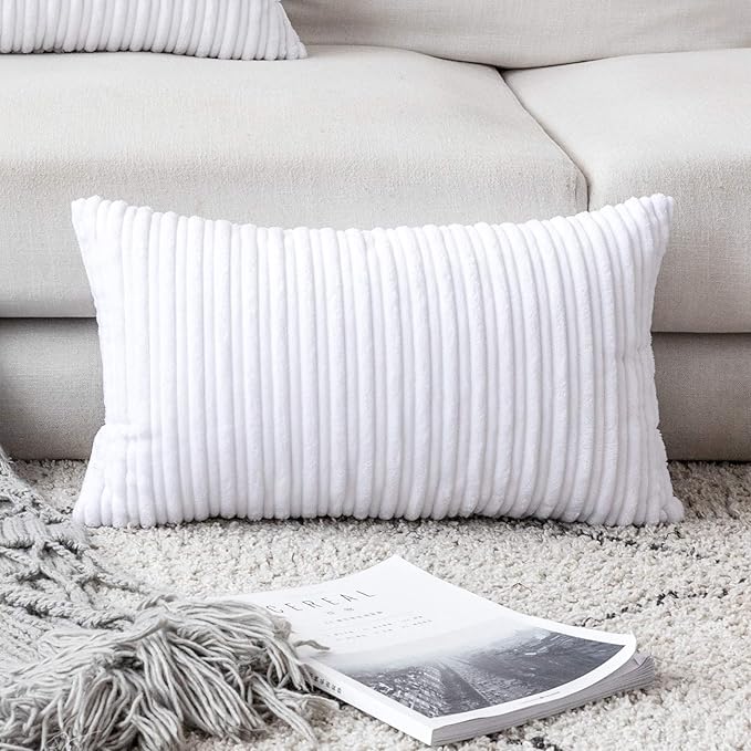 UGASA Velvet Pillow Covers Striped, Decorative Throw Cushion Case with Hidden Zipper for Home Couch/Bedroom/Car, Soft Cozy Solid Oblong, 1 Piece (12"x20", Pure White)