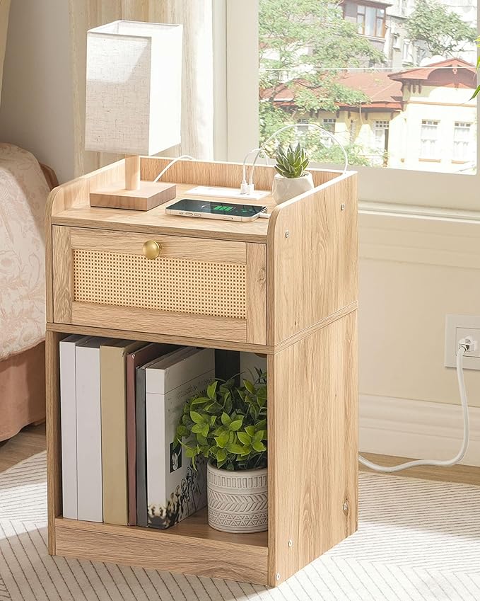 Nightstand with Charging Station, Side Table with Rattan-Style Drawer and Storage Shelf, Modern Rattan Night Stand with 2 USB Ports, Boho End Table Bedside Table for Bedroom, Natural MBZ01UWO