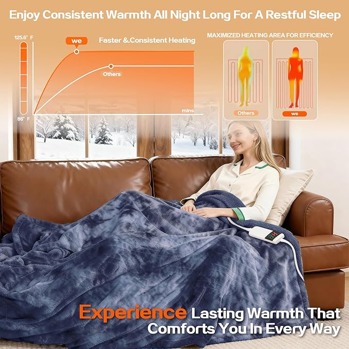 Electric Heated Blanket Full 72''x84''Size Faux Fur Heating Blanket 10 Heating Settings, 1-8h Timer & Overheat Protection, Machine Washable, Soft Flannel and Sherpa Full Body Warmth