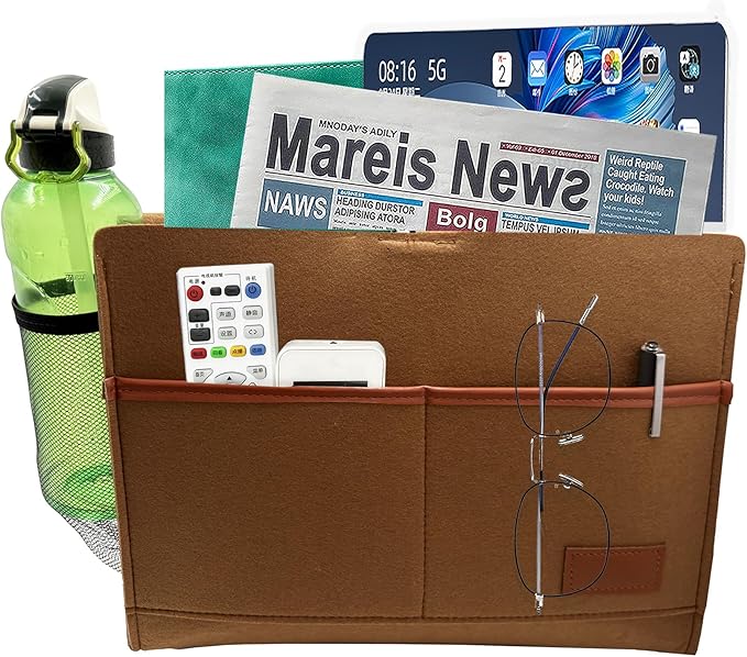 Bedside Caddy,Felt Bedside Storage Organizer, Hanging Storage for Dorm Bed Sofa for tablet Magazine Phone Remotes Water Bottle Holder (Khaki)