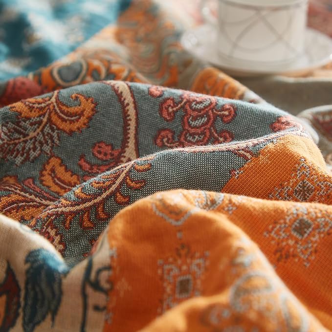 Boho Throw Blanket for Couch Sofa Bed, 100% Cotton Woven Quilt with Tassel 50”x60”, Super Soft Muslin Blanket with Floral Printed, Decorative Reversible Bed Blanket/Cover for All Seasons