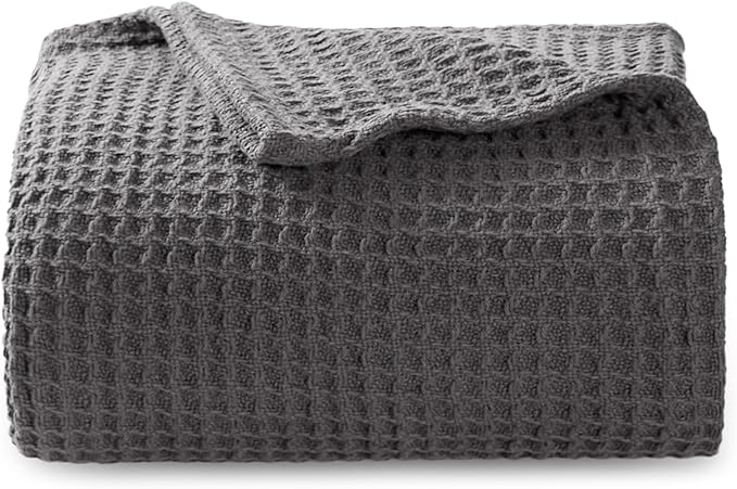 Bedsure Gentlesoft 100% Cotton Blanket Twin XL Size for College Dorm - Cooling Breathable and Soft for Spring Summer, Waffle Weave Twin Blanket for Bed, Dorm Room Essentials, Dark Grey, 66x90 inches
