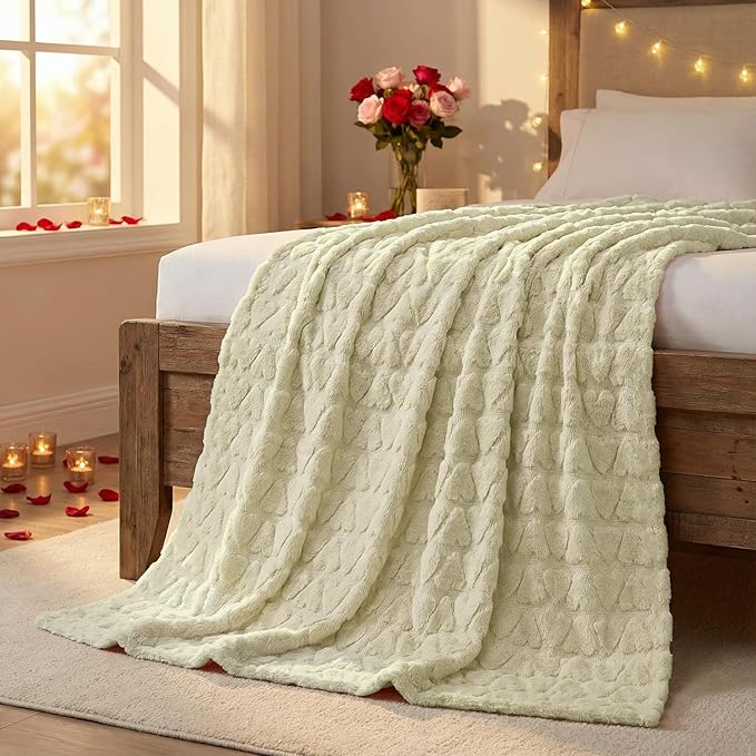 Horaldaily Valentine Blanket Throw, Beige Cute Love Heart Soft Fuzzy Plush Faux Fur Cozy Blankets for Couch Sofa Bed Lounging, Ideal Gifts for Kids Adults Wife Self, 50x60