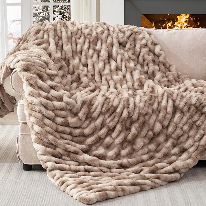 Touchat Ruched Faux Rabbit Fur Throw Blanket, 700 GSM Luxury Dual-Sided Soft Cozy Blanket, Fuzzy Fluffy Plush Blanket for Bed, Couch and Sofa - 50"x60", Tie-dye Brown