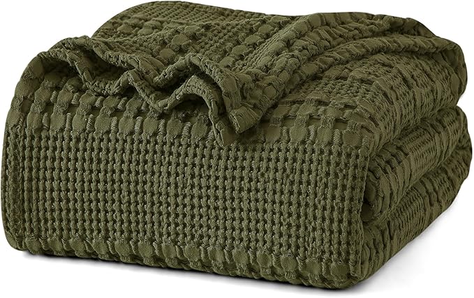 PHF 100% Cotton Waffle Weave Blanket Queen Size for Bed, Soft Lightweight & Breathable for Spring and Summer, All-Season Comfort, Luxury Aesthetic Blanket for Home Decor, 90"x90", Capulet Olive