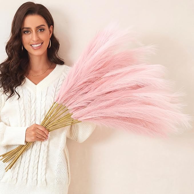 Pink Pampas Grass Decor, 9 PCS 37''/3.1FT Tall Fluffy Faux Pompas Floral, Large Artificial Pompous Grass Branches for Floor Vase Fillers, Boho Farmhouse Room Wedding Décor（Pink）