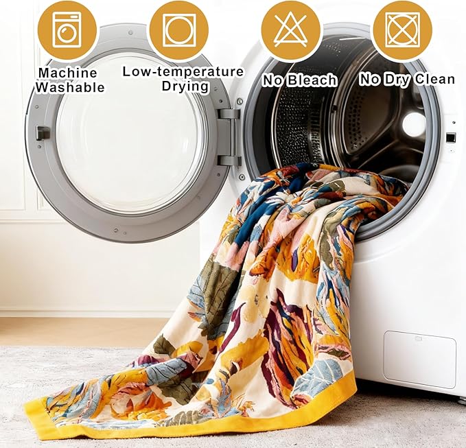 Boho Throw Blanket for Bed 50"x60", 100% Soft Cotton Bohemian Blankets with Rustic Floral Printed Decor, Spring Throw Blanket for Couch Cozy Breathable King Size All Season