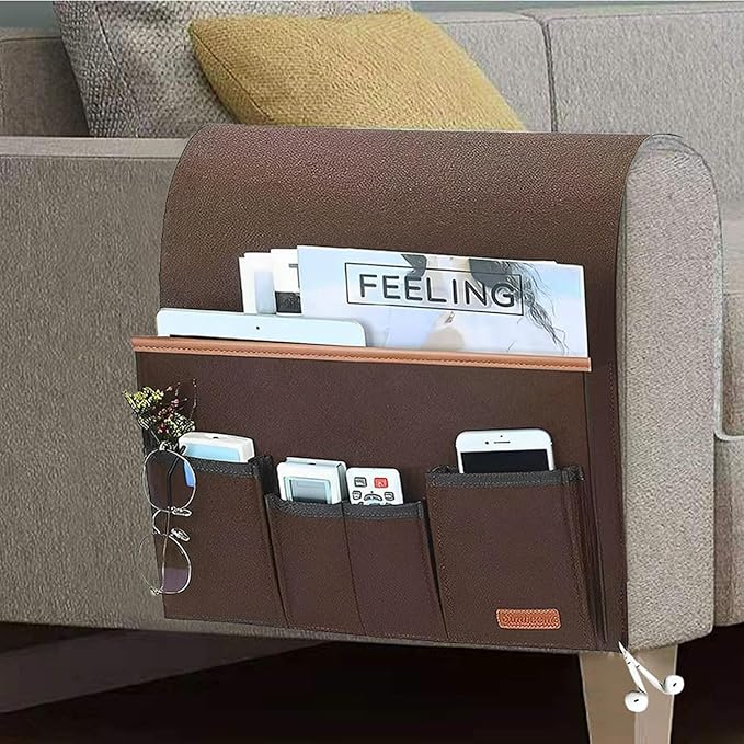 SYCOOVEN Armchair Caddy for Couch Remote Control Holder, Non-Slip Bedside Caddy Organizer Sofa Armrest Organizer for Magazine, Tablet, Phone, iPad(COLOR:brown)