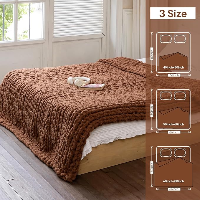 Chunky Knit Blanket - Luxury Soft Cozy 50 * 60 Throw Blanket,100% Woven Blanket Rope Knot Throw Blanket for Couch, Sofa, Home Decor, Gift - Machine Washable (Reddish-Brown, 50 * 60)