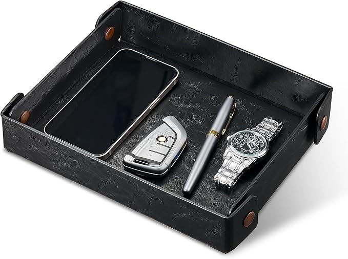 Catch All Valet Tray - EDC Organizer for Key, Wallet, Watch, Jewelry, Phone, coin change | Faux Leather Storage Tray for Dresser, Nightstand, Desk, Entryway, Travel Storage | Black