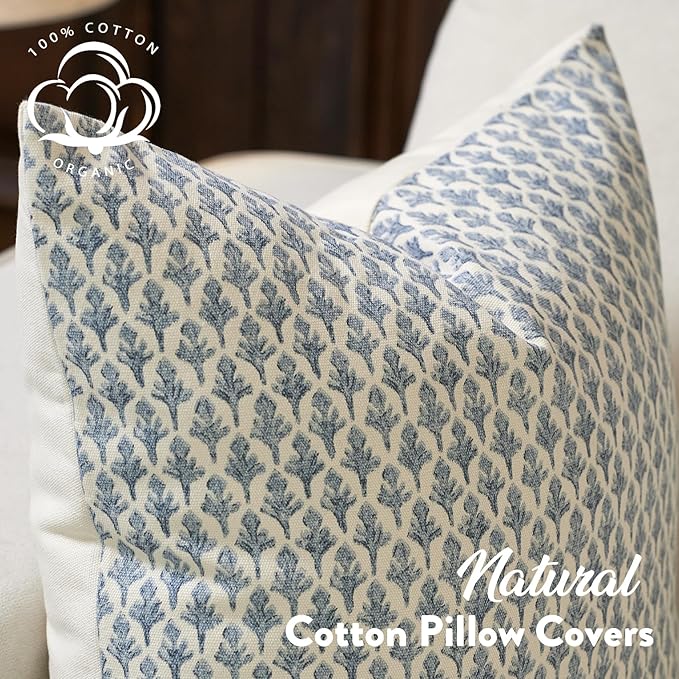 FIOUOVO Floral Pillow Covers 24x24 Pillow Cover Block Print Couch Pillows for Living Room Decorative Neutral Accent Throw Pillow Covers, 1PC, Aqua Blue
