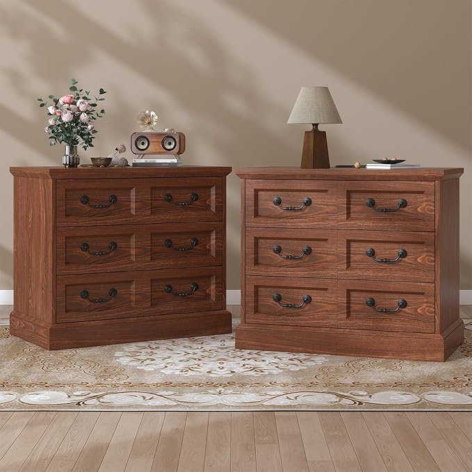 27.6" Wide Farmhouse Nightstand with Charging Station, 3 Drawer Nightstands Set of 2, Larger Side Table End Table, Modern Night Stand for Bedroom, Living Room, Cherry Nightstand