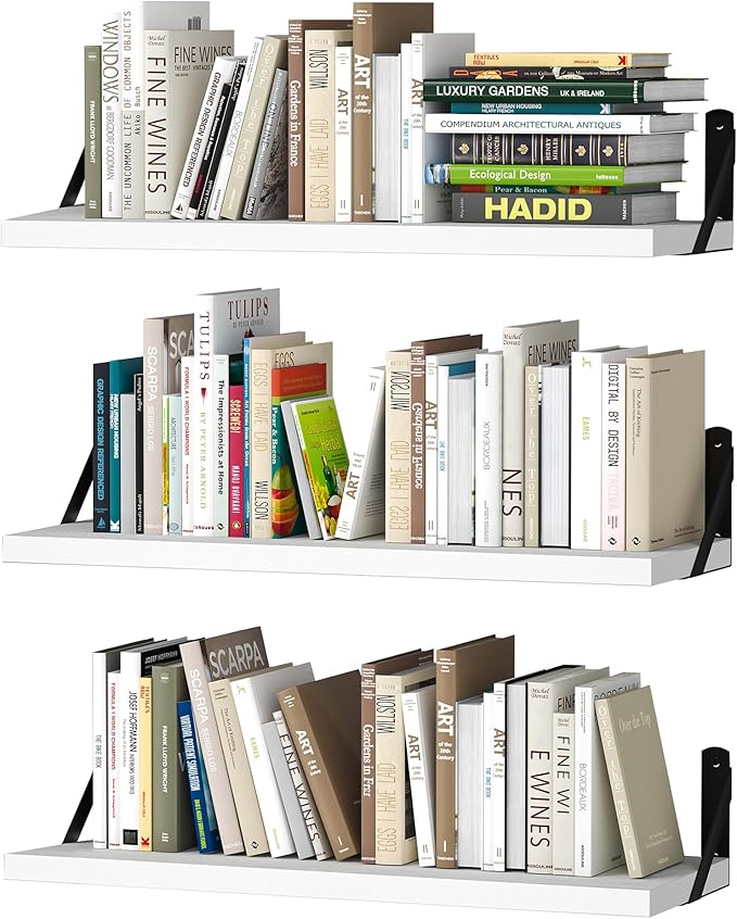 upsimples 23.6 Inches Floating Book Shelves for Wall, Floating Wood Shelves for Living Room, Laundry Room, Bedroom, Office Organizer and Storage, White