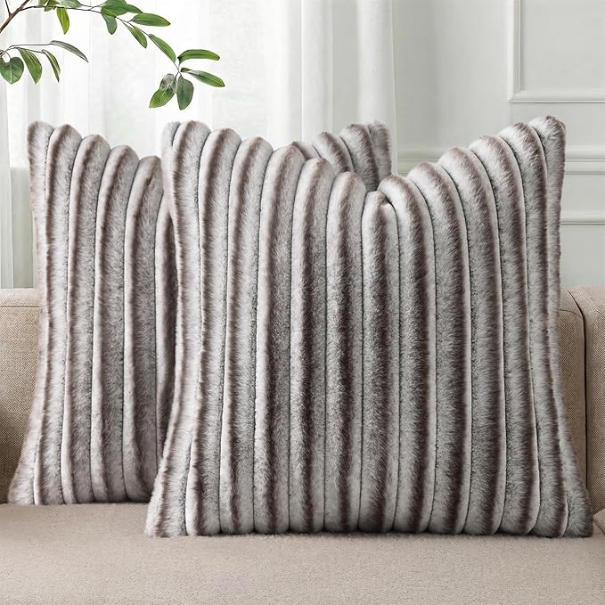 Pallene Faux Fur Plush Throw Pillow Covers 20x20 Set of 2, Luxury Soft Fluffy Striped Decorative Pillow Covers for Sofa, Couch, Living Room, Ombre Coffee