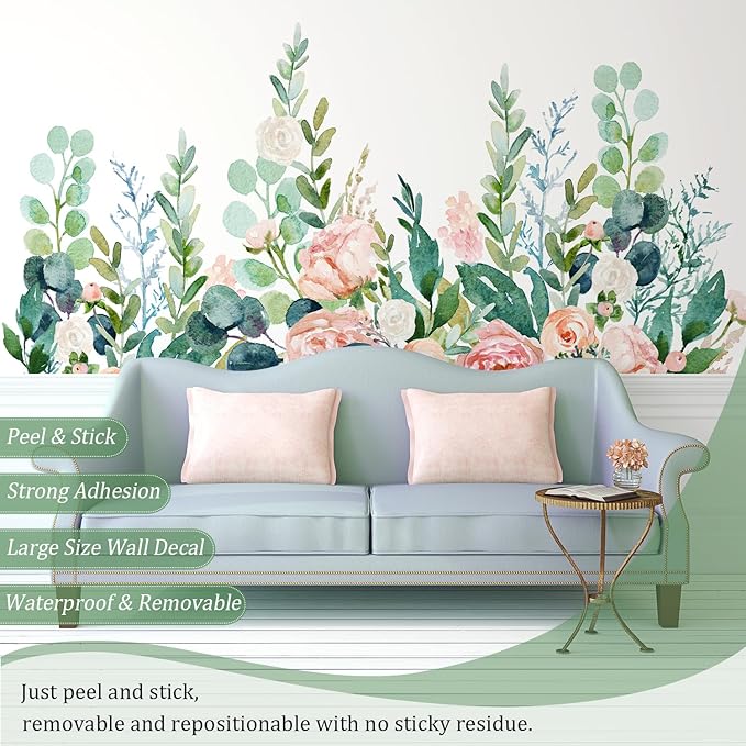 Watercolor Flowers Leaves Wall Decals Peel and Stick, Large Floral Flowers Wall Stickers, Removable Vine Home Decor Art for Bedroom Living Room Classroom Office