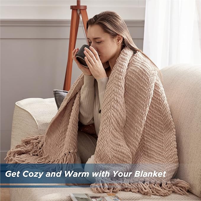 Bedsure Throw Blankets for Couch - Textured Chunky Knit Woven Chenille Blanket - Super Soft, Warm Decorative Boho Throw with Tassels for Bed, Sofa and Living Room Decor, Khaki, 60x80 Inches