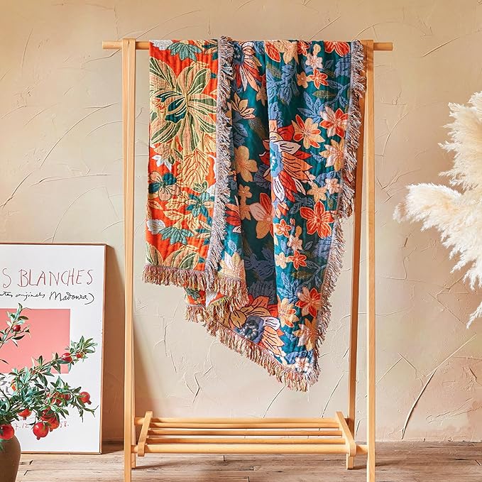 Boho Throw Blanket - 100% Cotton Ultra Soft Muslin Blanket, 90"x90" Lightweight Floral Framhouse Bedding Spring Blanket for Bed, All Season Green Bohemian Bedroom Home Decor Quilt