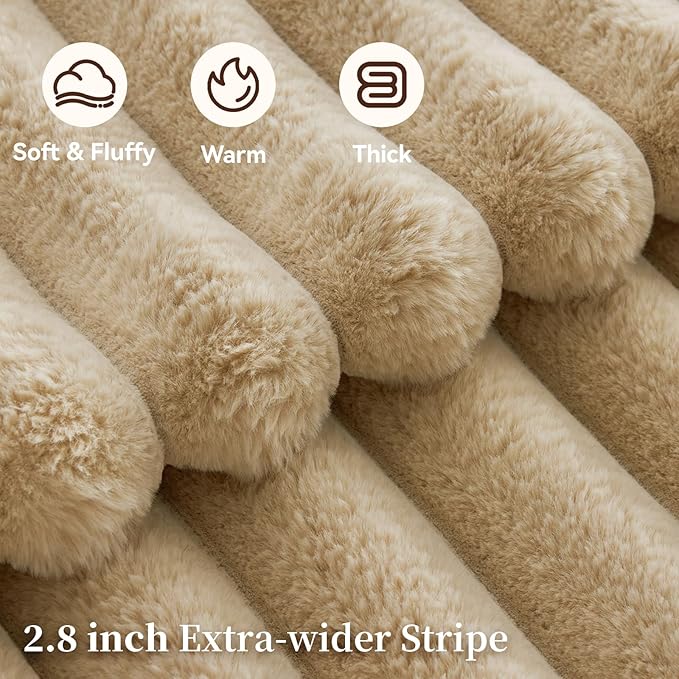 Fluffy Faux Fur Throw Blanket Queen Size, Thick 1000GSM Soft Cozy Throw Blankets for Bed, Plush Striped Warm Fuzzy Blanket for Couch LivingRoom Home Decor & Gifts(80"x 90", Beige)