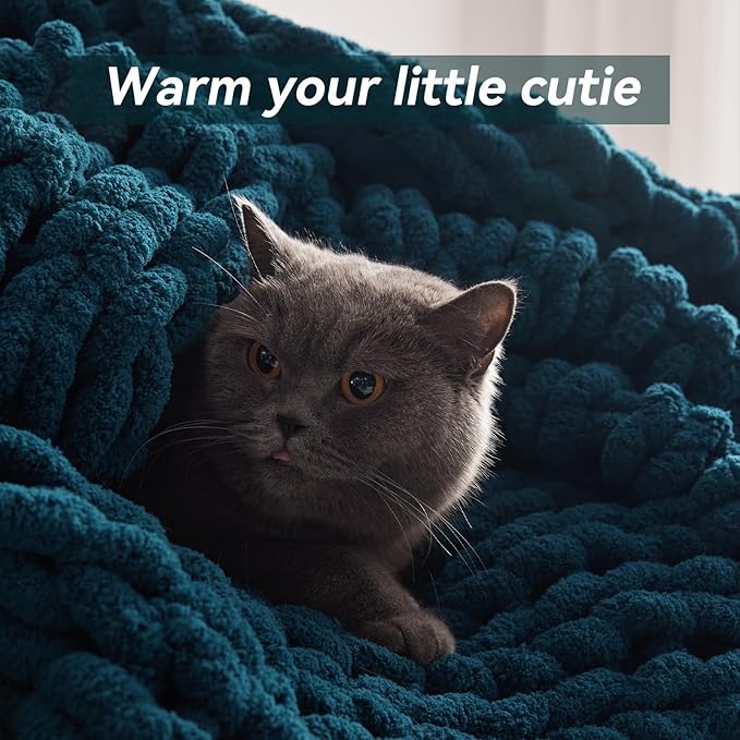 Chunky Knit Throw Blanket, 80''*90'' Knitted Throw Chenille Yarn for Bed Couch, Handmade Peacock Blue Crochet Big Thick Blanket, Machine Washable Cute Comfy Blanket for Home Decor