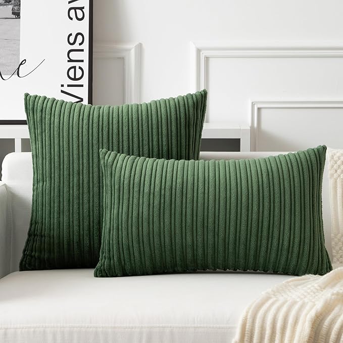 UGASA 14x20 Inch Pillow Cover Pack of 1 Soft Boho Stripe Corduroy Long Rectangular Lumbar Cushion Cover Farmhouse Decorative Throw Pillowcase for Bed, Couch, Sofa, Bedroom, Living Room, Moss Green