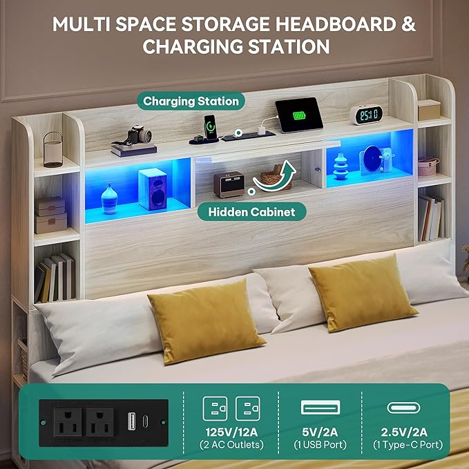 DWVO Queen Size Bed Frame with Bookcase Headboard and 4 Storage Drawers, RGB LED Bed Frame with Type-C & USB Charging Station Storage Headboard Bed, No Box Spring Needed, Noise Free, White Oak